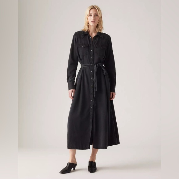 NWT Levi’s Women’s Quinney Denim Dress Black Maxi Elegant Button Down Size M - Picture 1 of 6